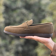 X-005: XeeGo Luxury Slip-On Suede Loafers with Gold Bee Emblem- Pista