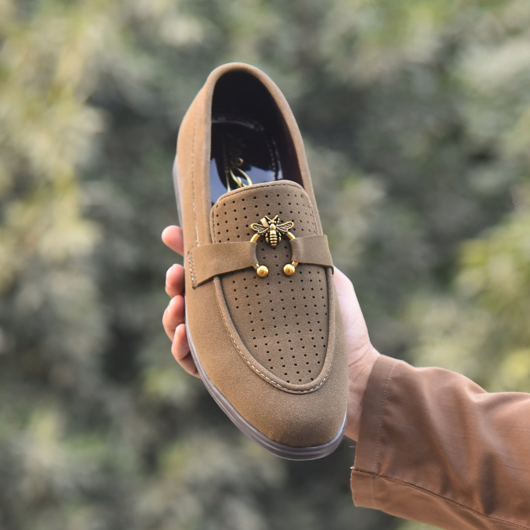 X-005: XeeGo Luxury Slip-On Suede Loafers with Gold Bee Emblem- Pista