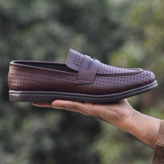 XeeGo X-022: Men's Perforated Slip-On Penny Loafer - Rich Brown