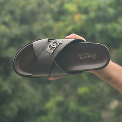 XeeGo X-111 | Pure Leather Cross-Strap Monogram Slide - Chocolate Brown