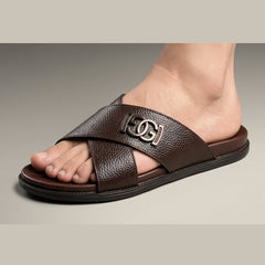 XeeGo X-111 | Pure Leather Cross-Strap Monogram Slide - Chocolate Brown