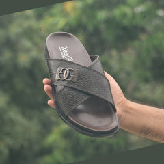 XeeGo X-111 | Pure Leather Cross-Strap Monogram Slide - Chocolate Brown