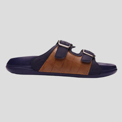 X-045 | Men’s Dual Buckle Comfort Slide – Navy & Brown